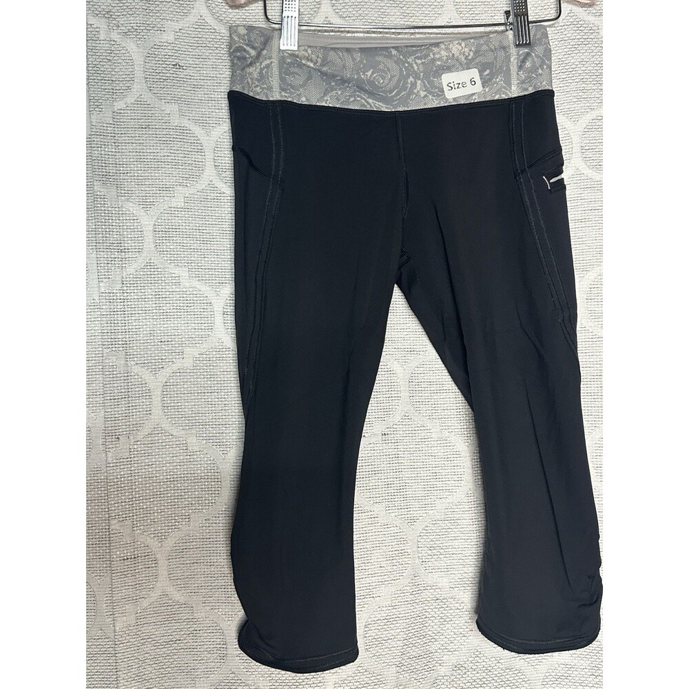 Lululemon Run Top Speed Crop Leggings Black Gray Lace Floral Waistband Size 6